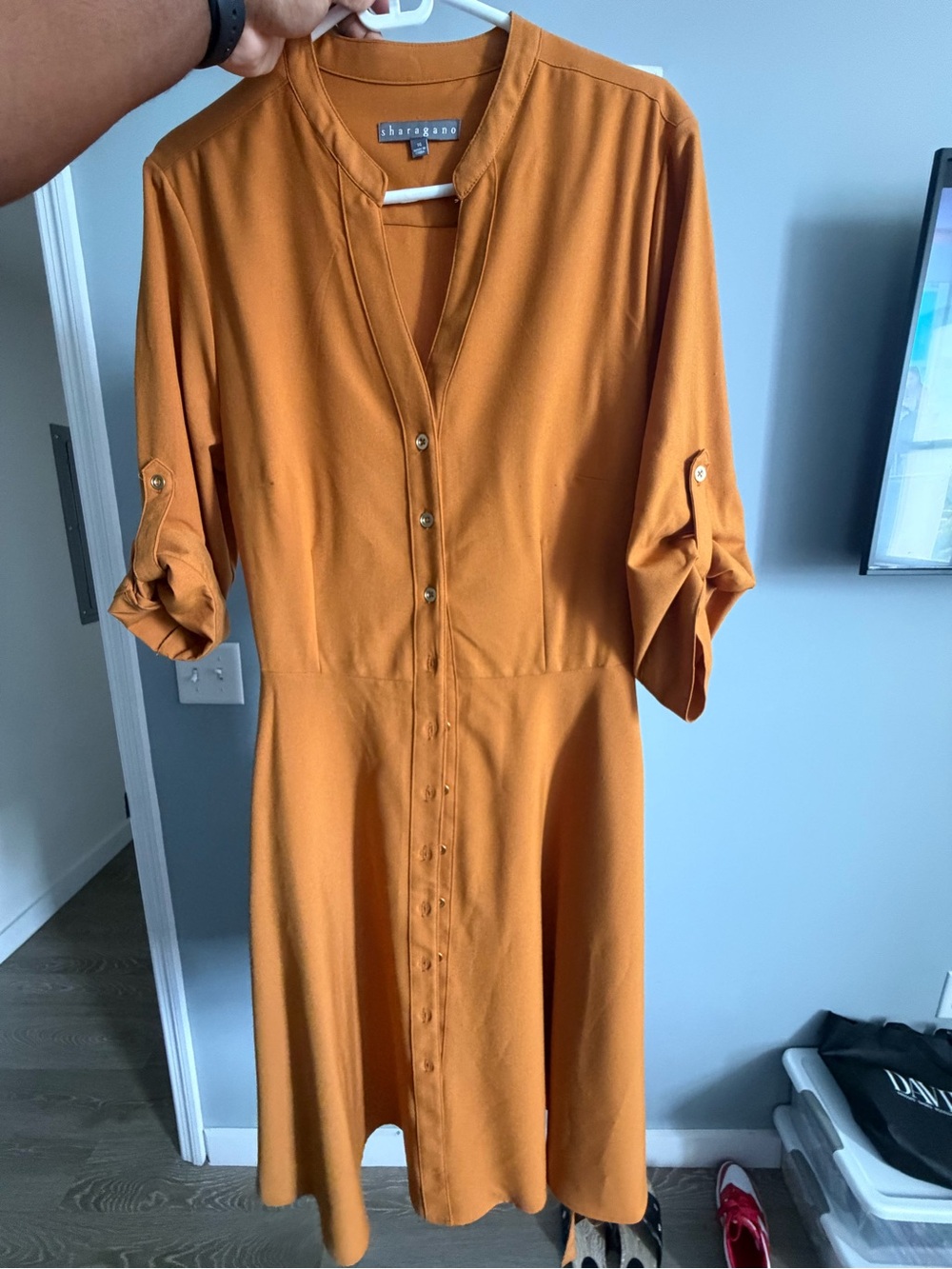 Sharagano Women's Rust-Mustard Button-Front Midi Dress